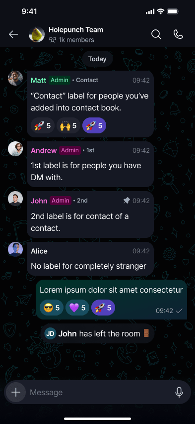 Contact Indicators π‘οΈ Β· Next to a name in the member list Keet labels members as Contact when they're saved in your Contact Book, with no label for people you haven't added.