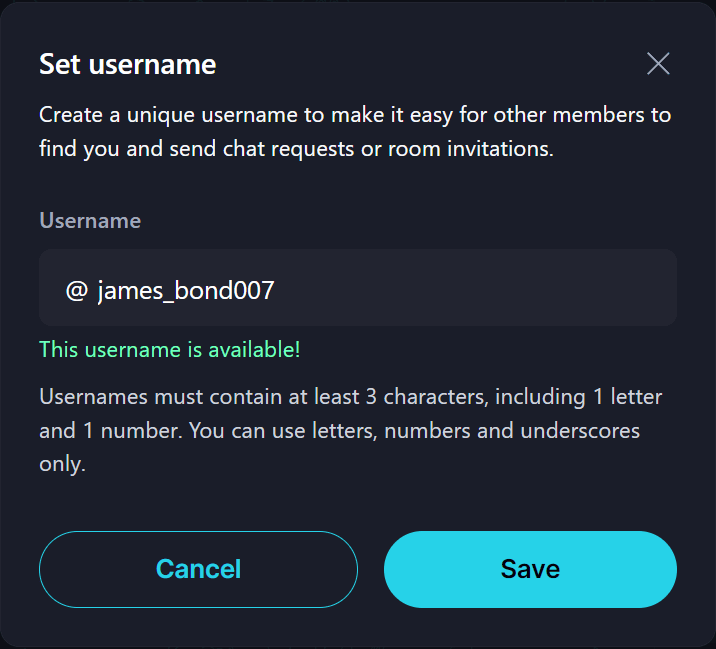 Keet Username Open Profile and click 'Set username' to open the username pop-up.