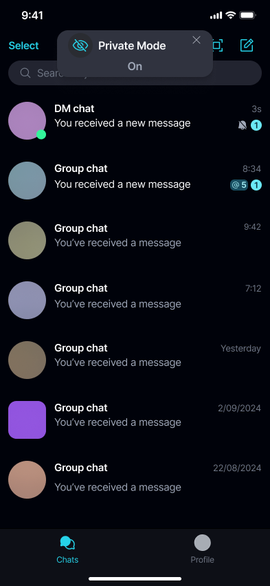 Private Mode π Β· Mobile A confirmation banner confirms Private Mode is on, and the chat list behind it is already masked.