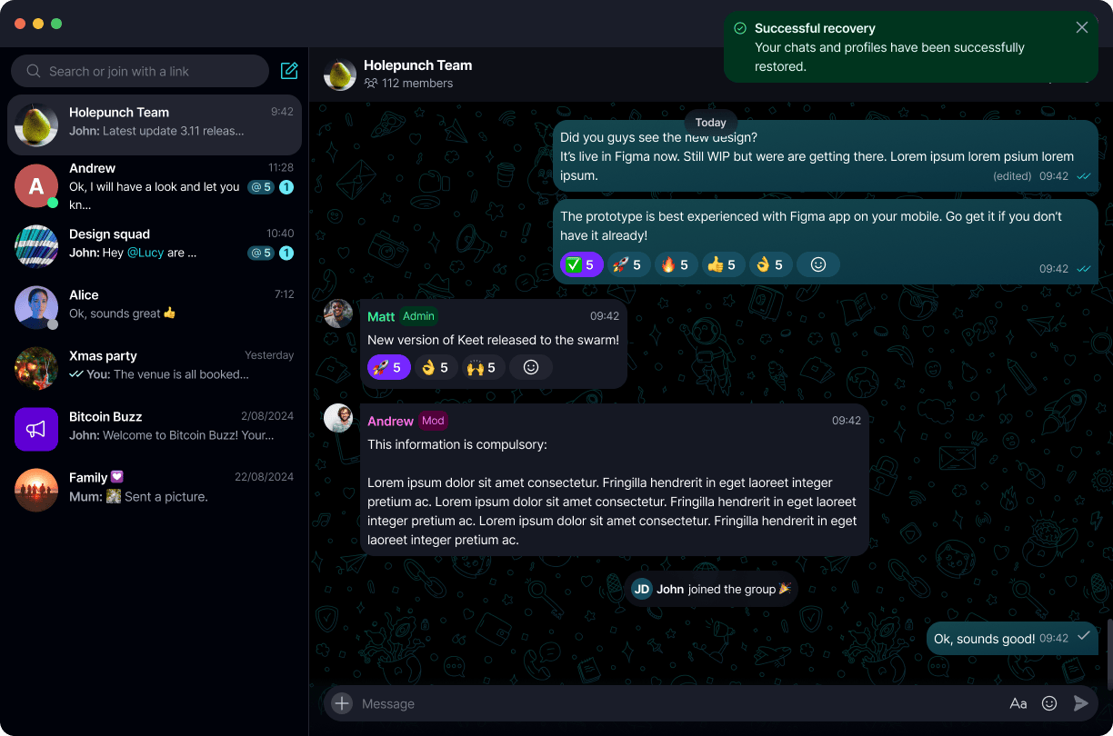Recover a Profile A 'Successful recovery' message confirms your chats and profile are restored.