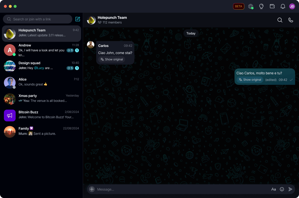 Translate Messages π Β· Desktop The translated text appears inside the original message bubble.